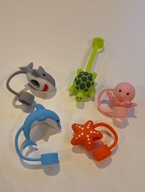 Straw Toppers Set of 5 Sea Creatures Silicone